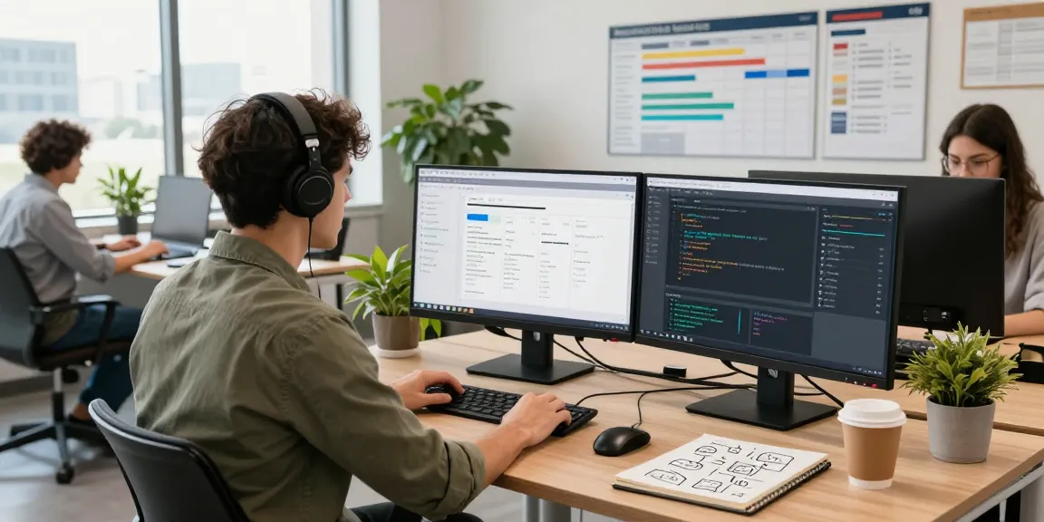 Custom CRM Development Services showcased by a software engineer in a dynamic workspace with dual monitors and collaborative environment.