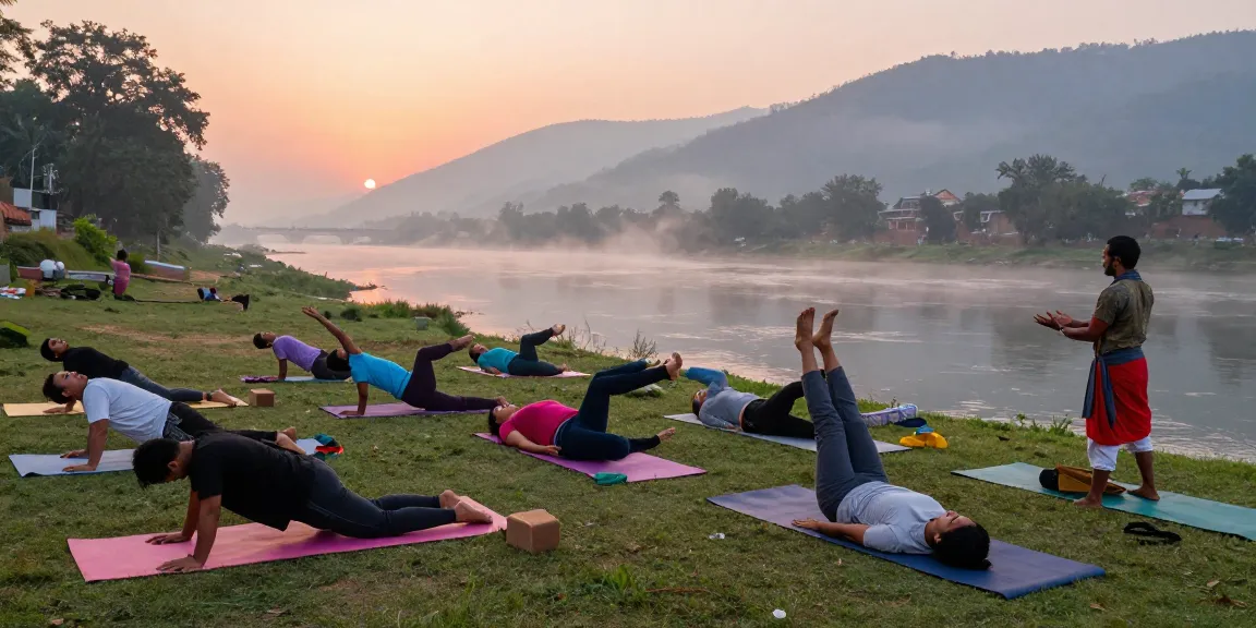 Group practicing yoga at sunrise by the Ganges, emphasizing yoga instructor certification in India