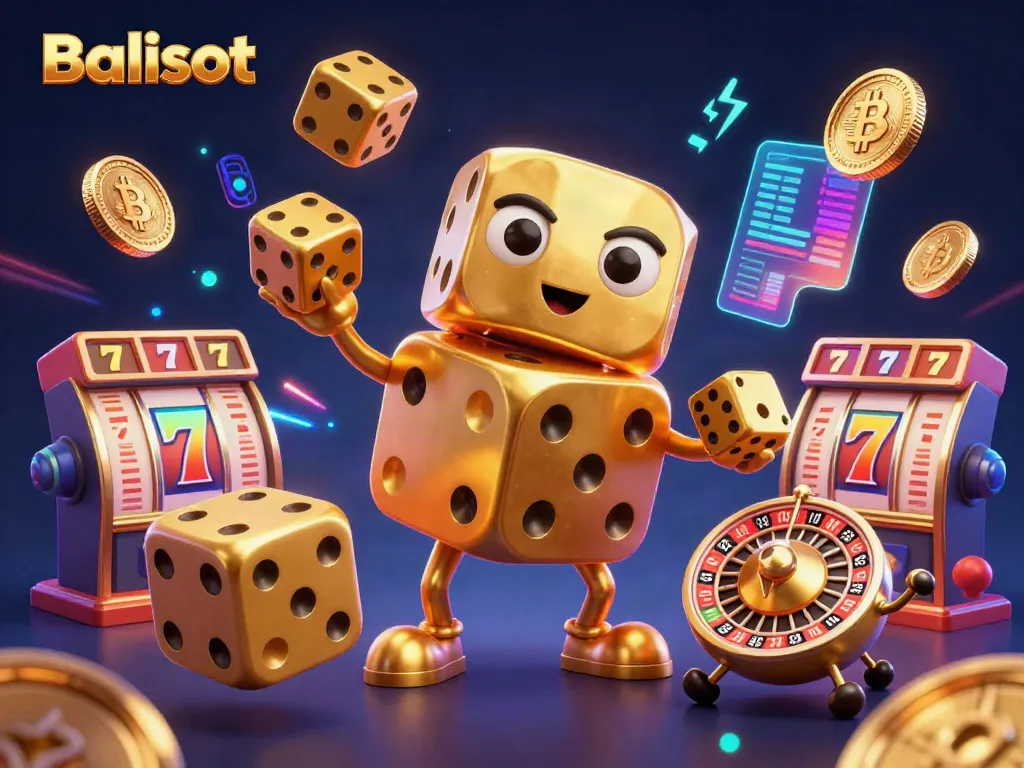 Engage with Balislot's vibrant casino world with golden dice, Bitcoin coins, and dynamic gameplay elements.