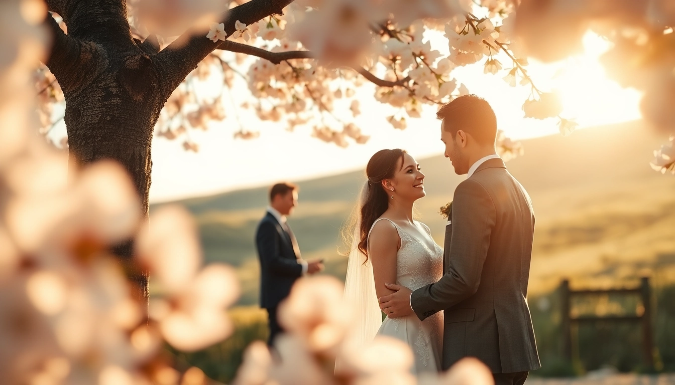 Wedding photography of a couple exchanging vows under a cherry tree, capturing a romantic moment.