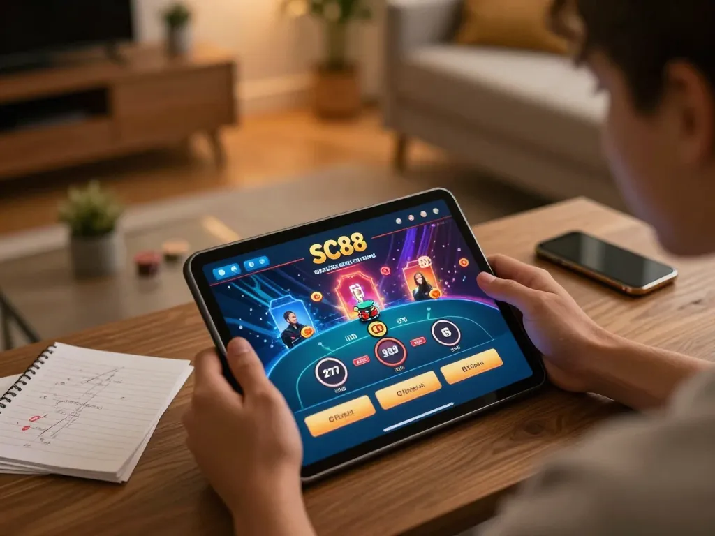 Players enjoying SC88 online gaming with vibrant graphics in a cozy home setting