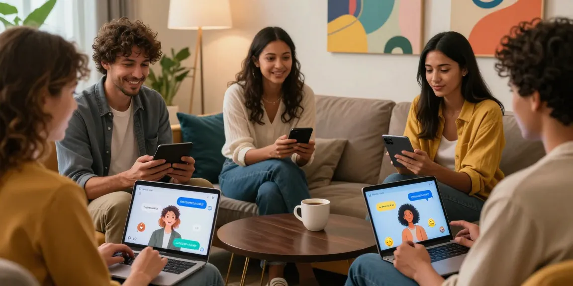 Dynamic group of adults enjoying nsfw chat ai interactions in a vibrant lounge, showcasing playful conversations and animated screens.