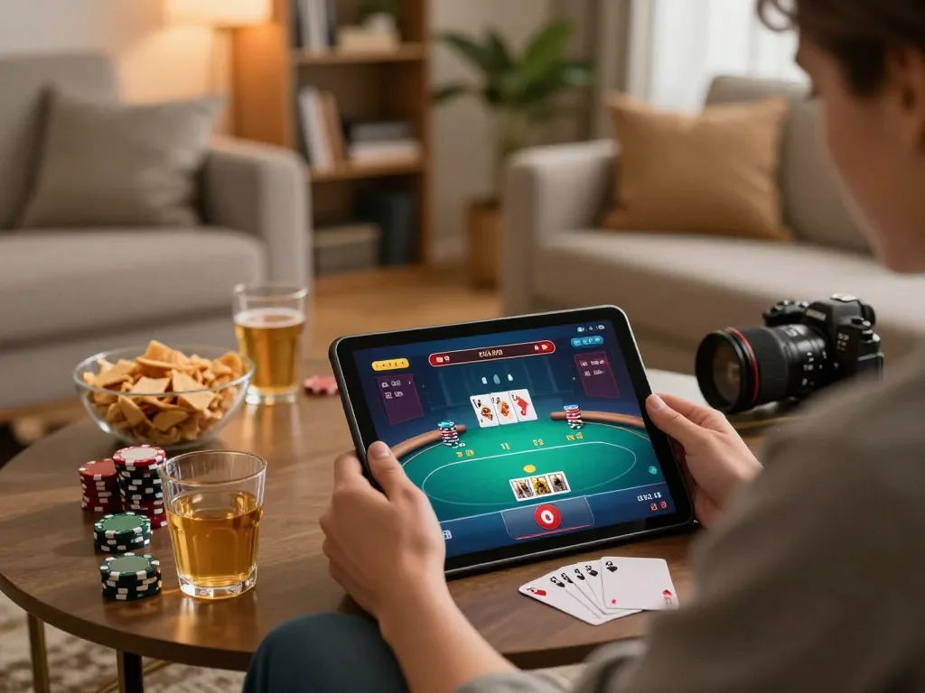 Engaged player enjoying online poker on tablet, showcasing sc888 gameplay in cozy home setting.