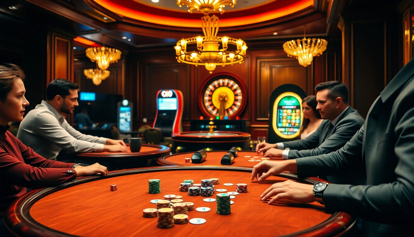 Joueurs engagés en train de planifier à une table de poker dans une atmosphère de site de casino en ligne.