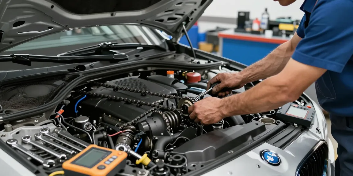 Professionelle Werkstatt zeigt den BMW Steuerkettenwechsel mit erfahrenem Mechaniker, hochwertiger Ausrüstung und guter Beleuchtung.