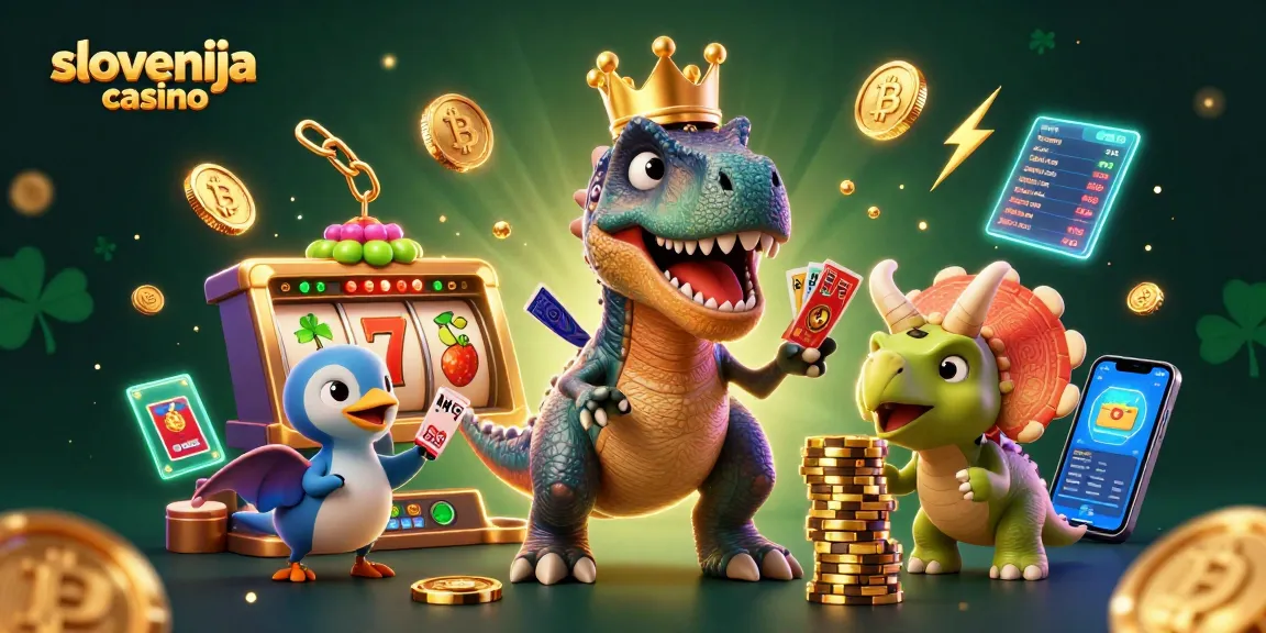 V slovenija casino igri vznemirljiva scena z dinozavri, polni zlate čipe.