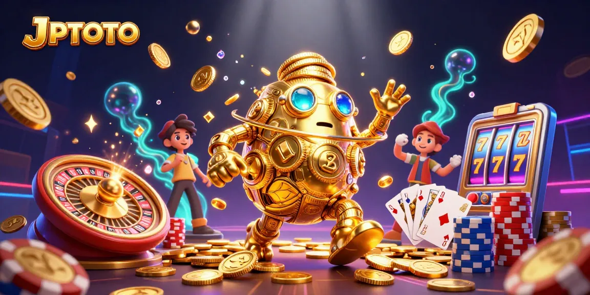 JPTOTO menghadirkan gambaran meriah dengan simbol mesin slot dan koin emas yang terbang.