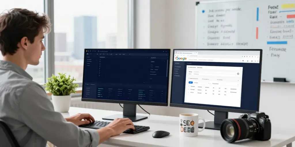 Professional digital workspace focused on instant indexing processes with SEO tools and analytics.