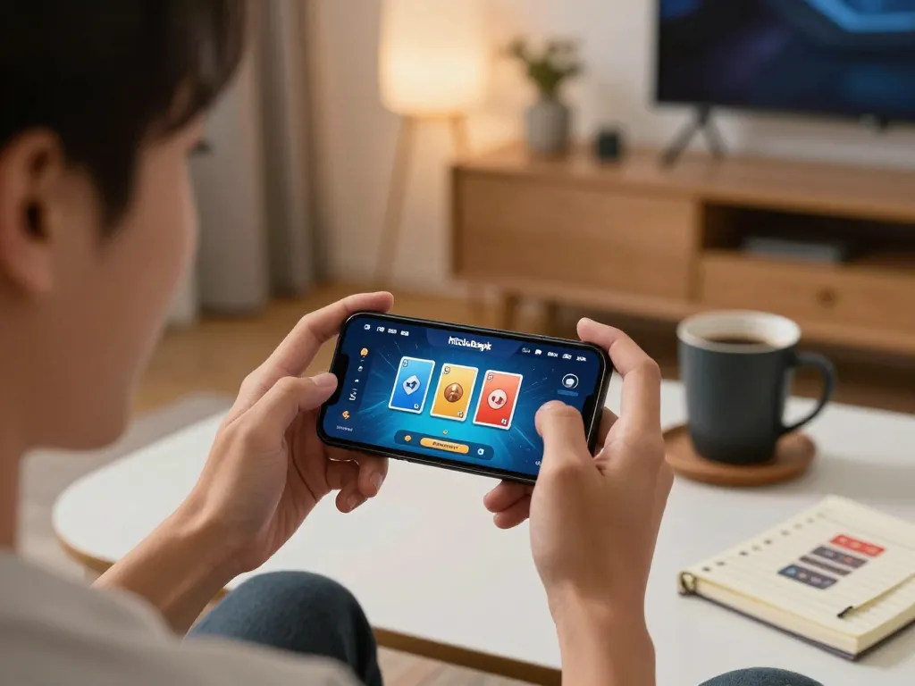 Engaging in hitclubapk mobile gaming at home, showcasing card game excitement and strategy notes