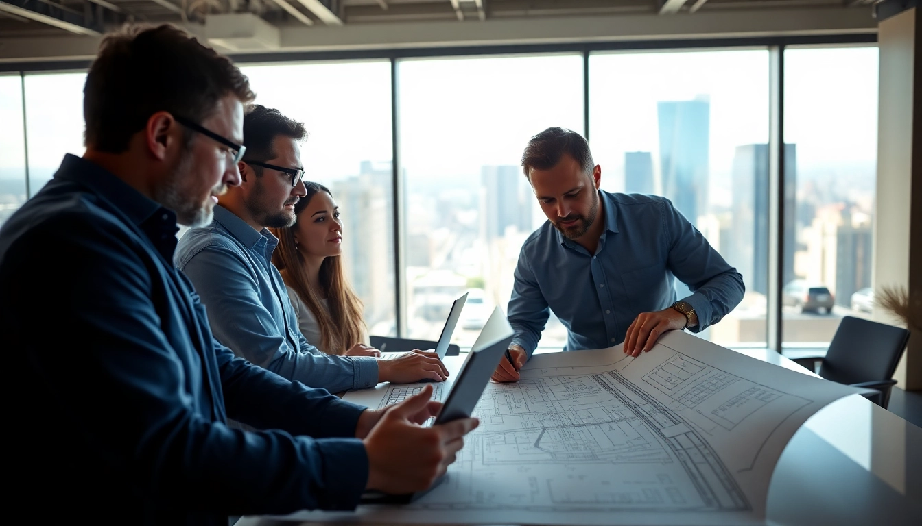 Railroad Design Consultants collaborating on infrastructure blueprints in a modern office setting.