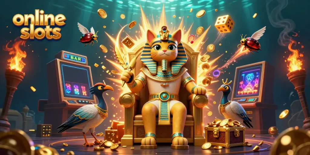 Engage with online slots in an energetic scene featuring a pharaoh cat, slot machine, and jewels.