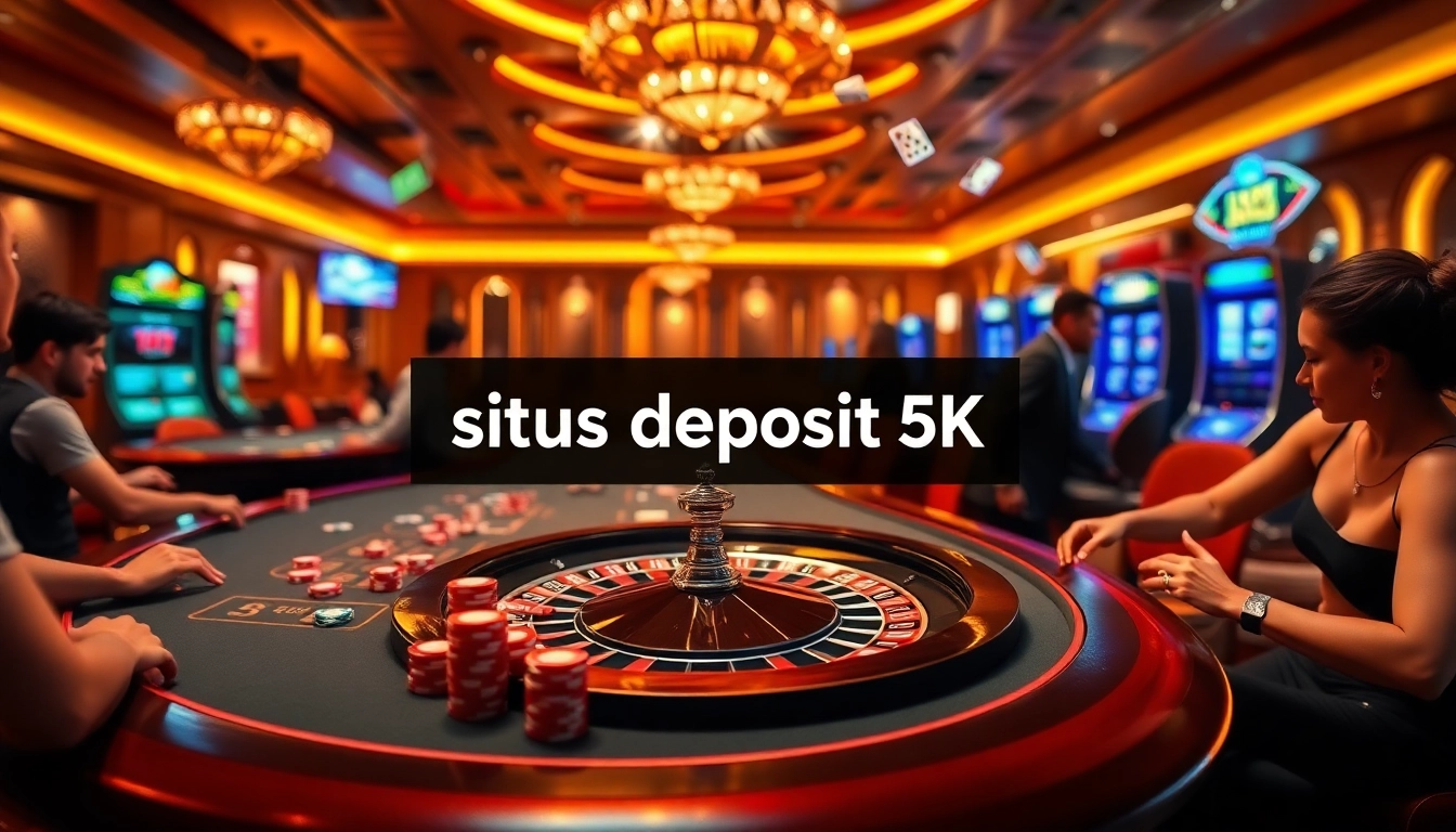 Situs Deposit 5k disorot dalam adegan kasino yang hidup dan dinamis dengan pemain dan meja permainan.