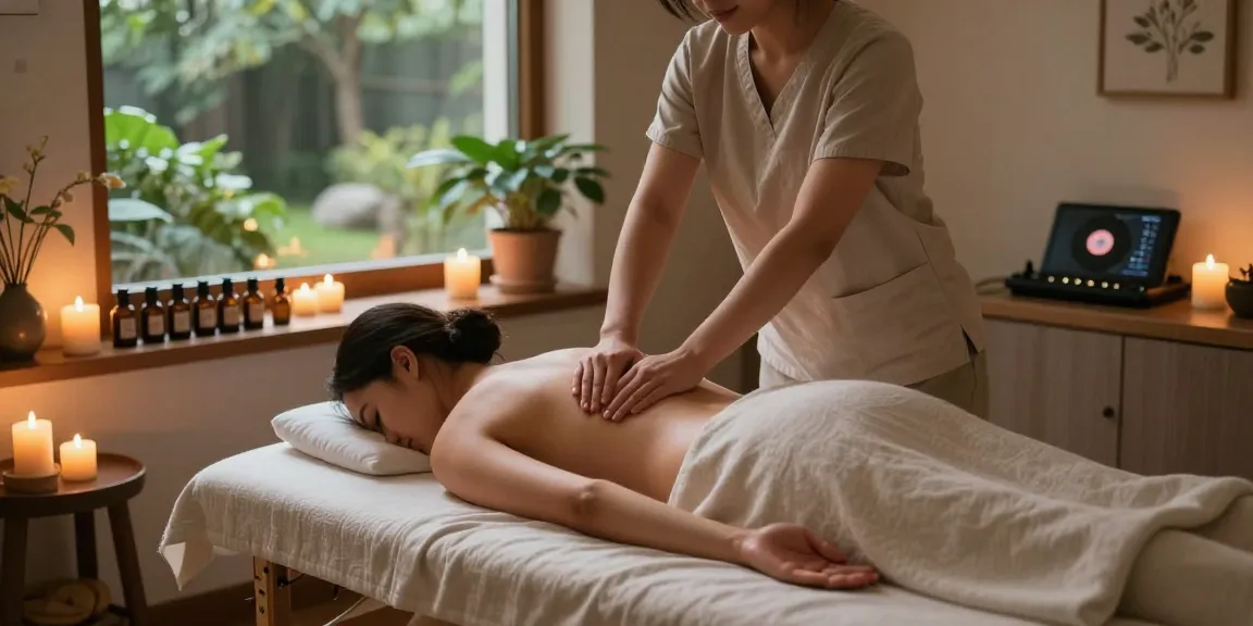 마사지 session in a tranquil therapy room with soft lighting and calming atmosphere