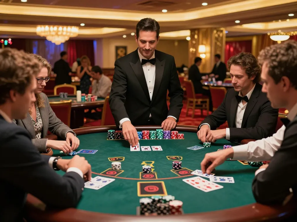 Engaged players at an 8kbet blackjack table strategizing their next moves in a lively casino atmosphere.