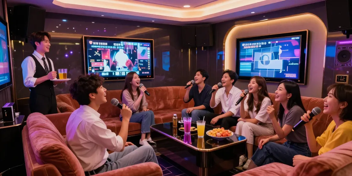 Friends enjoying a lively night out at 강남가라오케, singing in a luxurious private room.
