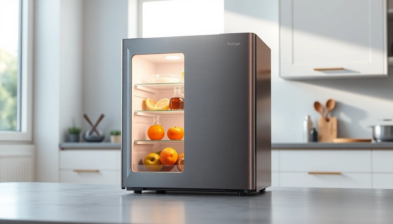 A stylish affordable mini fridge and freezer in a modern kitchen setting, showcasing its design and functionality.