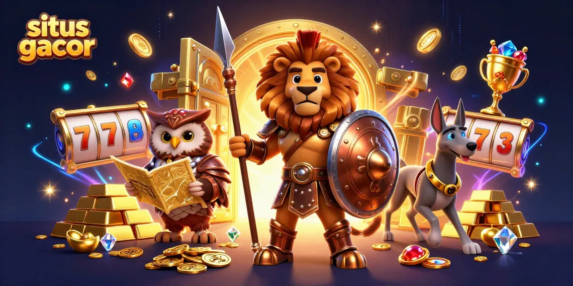 Engage with situs gacor as the Spartan lion leads an adventurous gaming scene filled with treasures and vibrant casino elements.