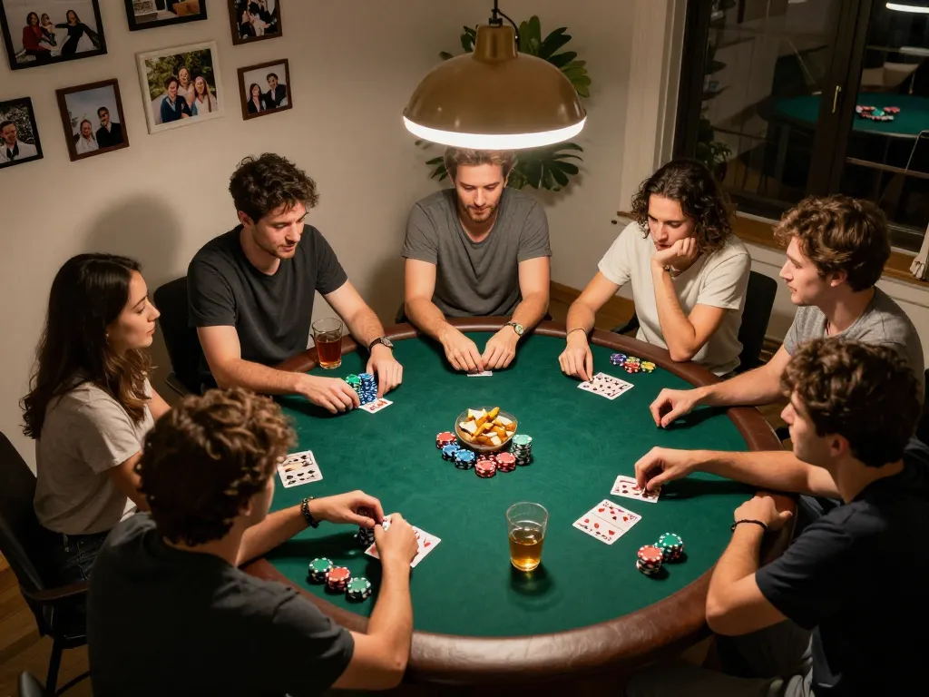 Engaging home poker night scene featuring vibrant gameplay with friends, enhancing the lista casino online non aams experience.