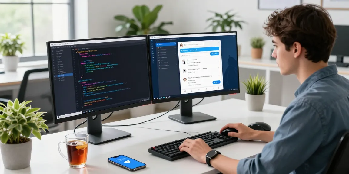 Young professional using 纸飞机中文版 on dual monitors in a modern tech workspace with plants and natural light.