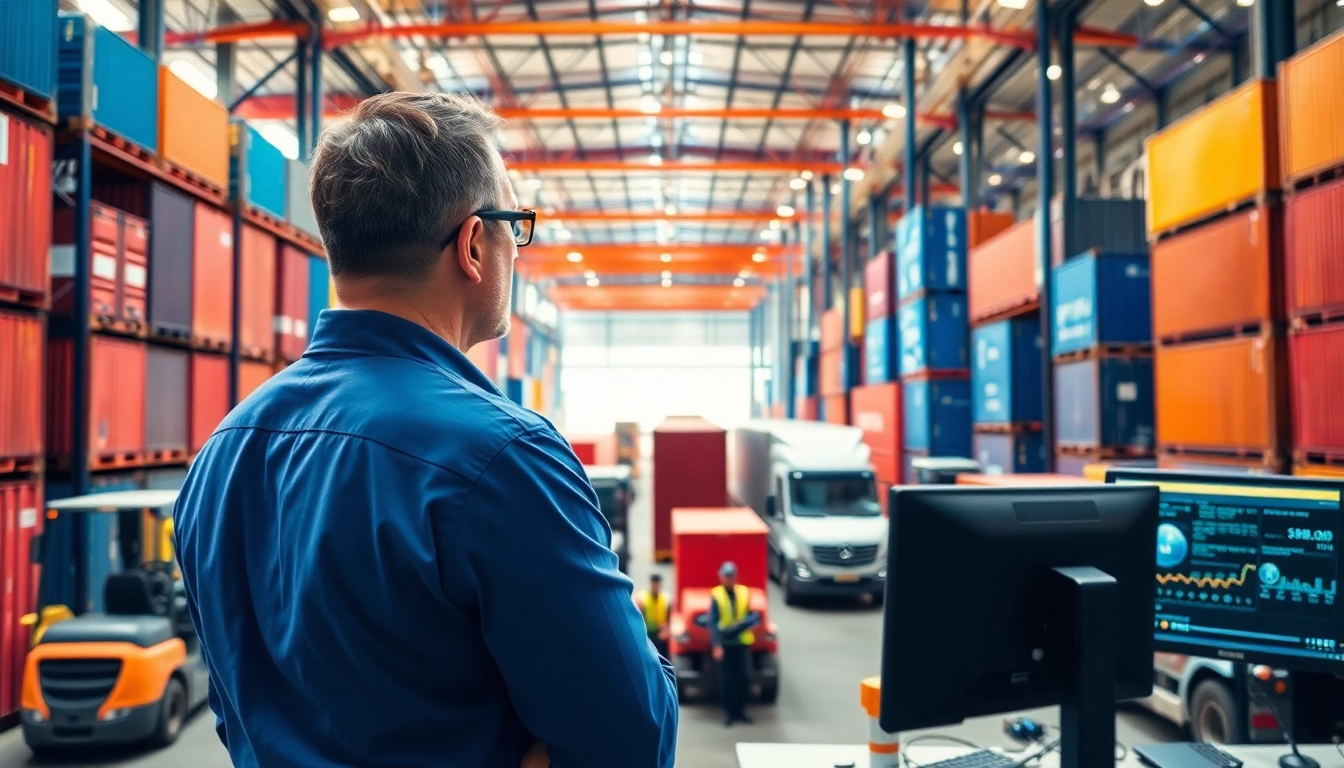 Logistics operations manager coordinating efficient supply chain activities in a bustling warehouse.
