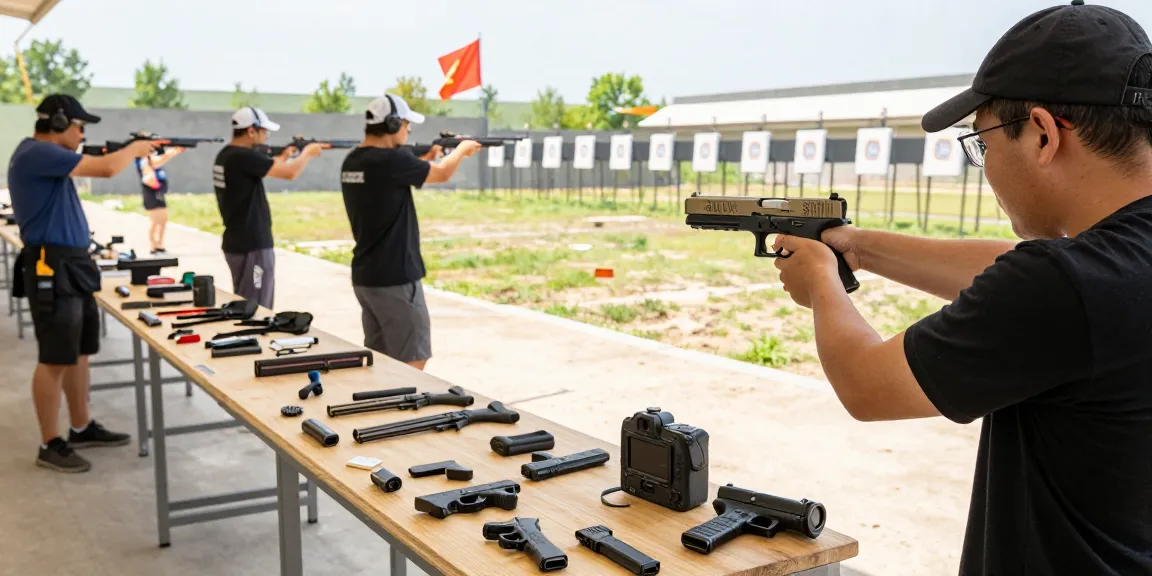 Glock enthusiasts at an outdoor range showcasing aftermarket slides and accessories from https://precisionglockslides.com.