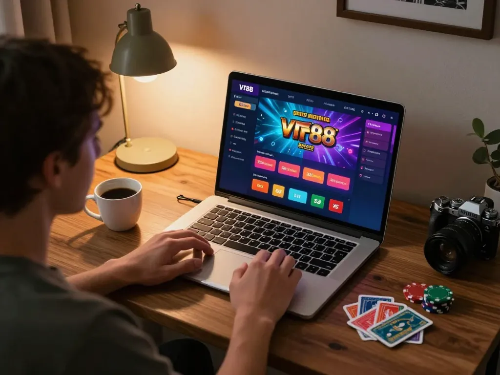 Player immersed in online gaming on VT88 platform, showcasing engaging casino interface and cozy room atmosphere.