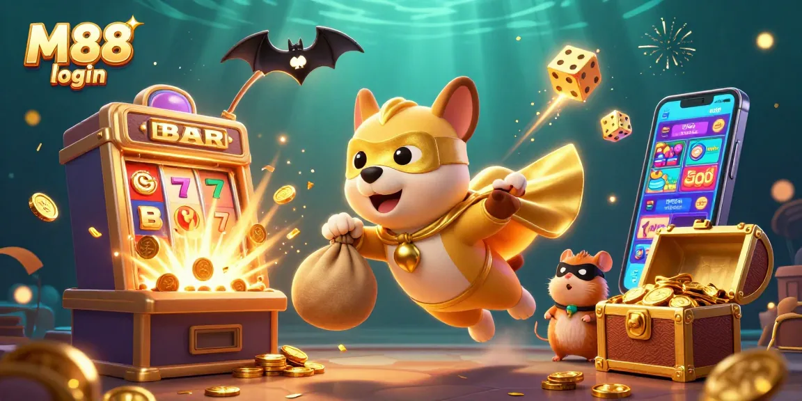 Engage in thrilling M88 login action with superhero dog and hamster amidst casino excitement.