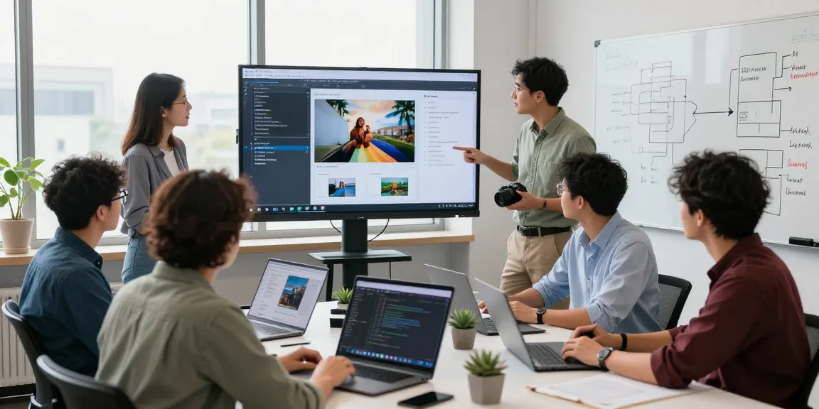 Team analyzing results from the ai image checker in a modern tech office.