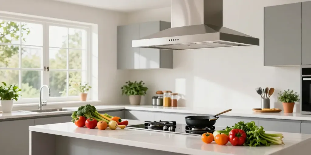 Stylish island cooker hood above a contemporary kitchen island with fresh ingredients and natural light.
