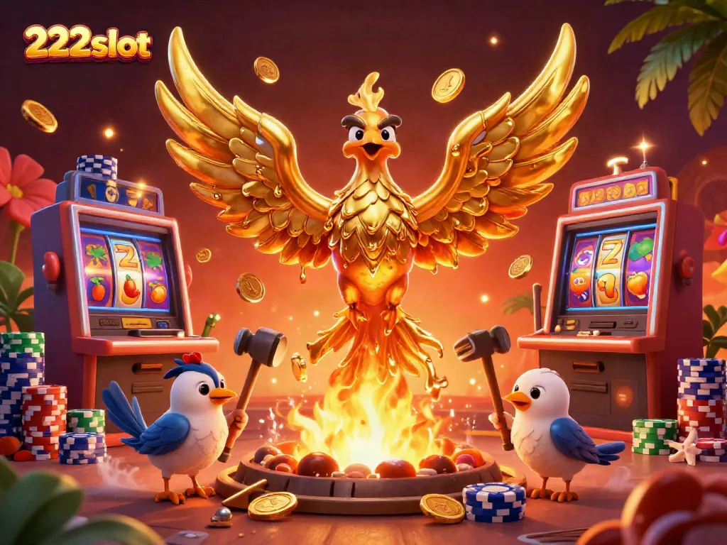 Mainkan 222slot dengan suasana kasino penuh warna dan simbol beruntung di latar belakang.