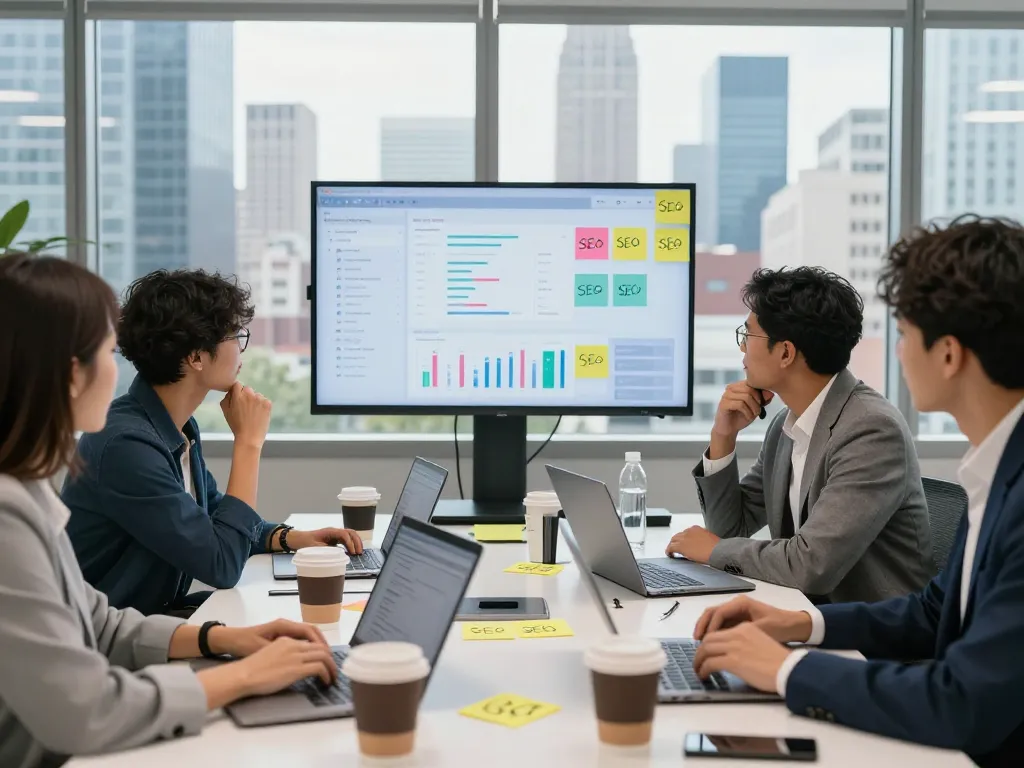 Engaging team working on New York SEO Services strategy in modern office.