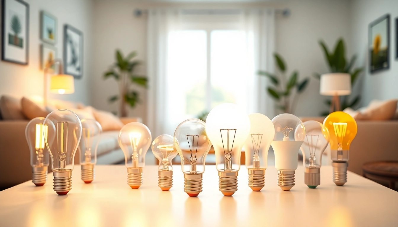 Vibrant display of various a19 bulbs illuminating a cozy modern living space with soft lighting.