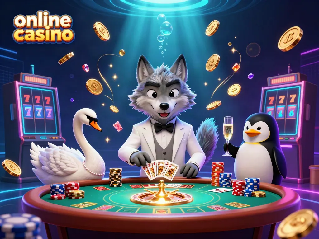Experience thrilling moments at an online casino with a cartoon wolf, swan, and penguin in an enchanting scene.