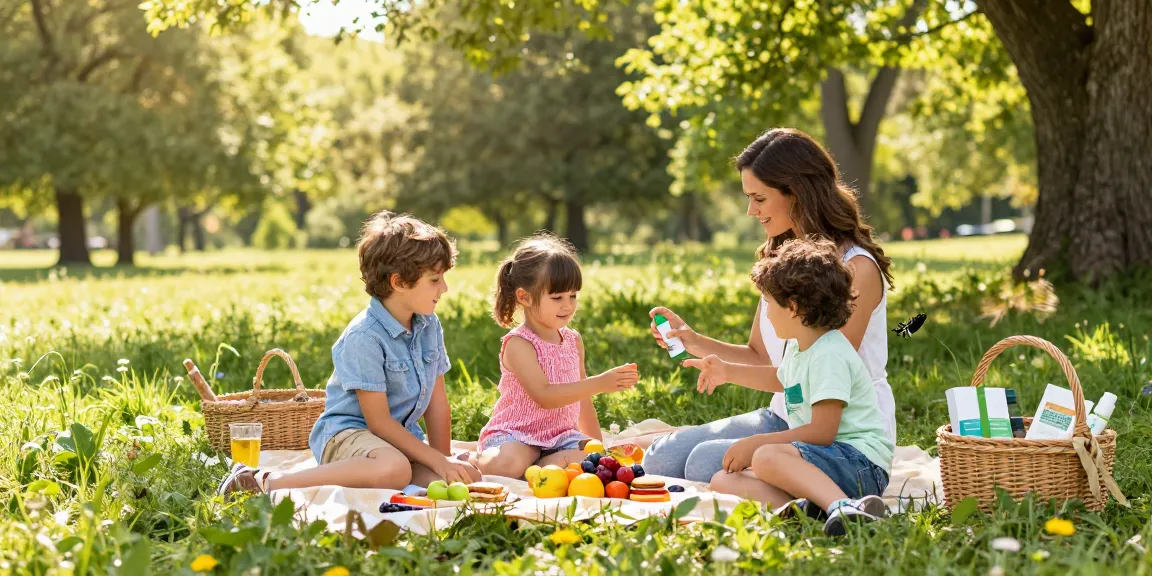 Mother applying yucatan-herbal-mosquito-repellent to children during a picnic in a sunny park.