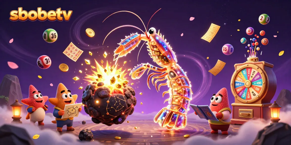 Experience sbobetv excitement with a galactic samurai mantis shrimp bursting through an asteroid, unleashing gems.