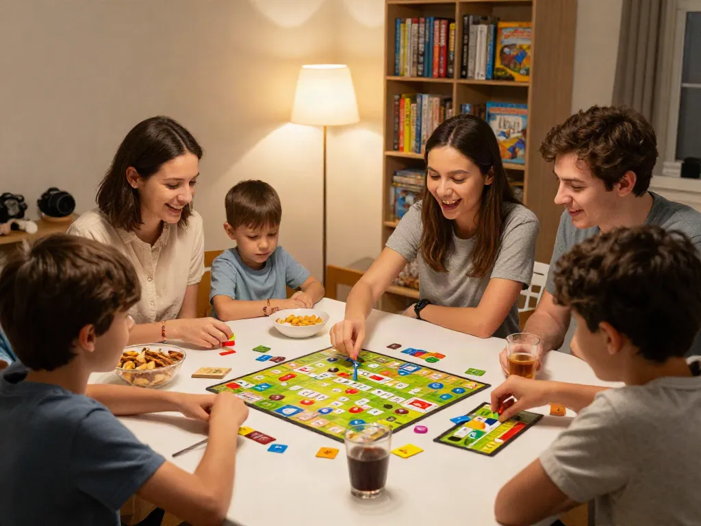 Cialis board game night with family playing Qwirkle and enjoying snacks.