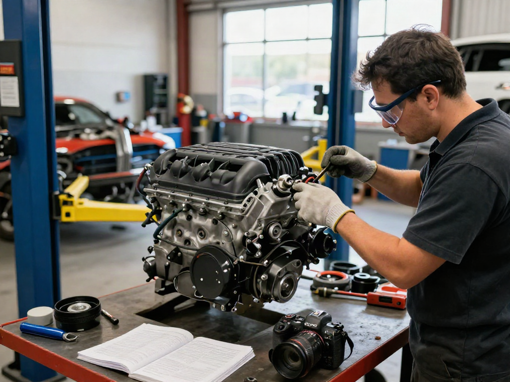 High-performance Hellcat engine for sale inspected by a technician in an automotive workshop.