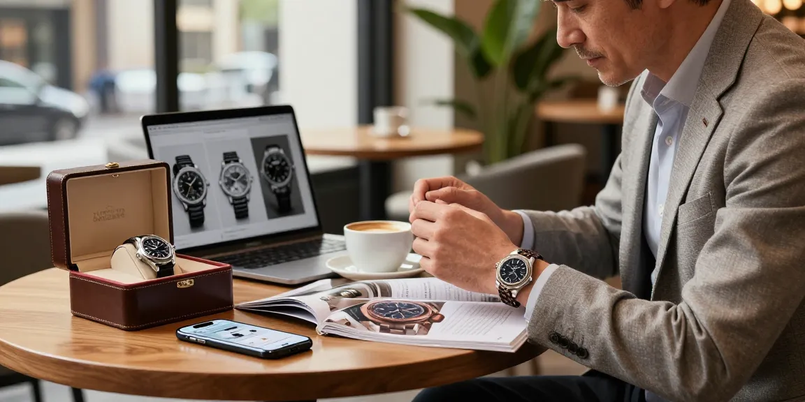 Examining a premium replica watch in an upscale coffee shop, showcasing luxury lifestyle.