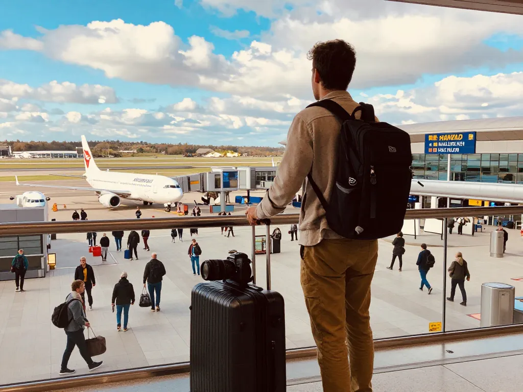 Liverpool John Lennon Airport from Halifax, traveler preparing for departure, vibrant airport scene.
