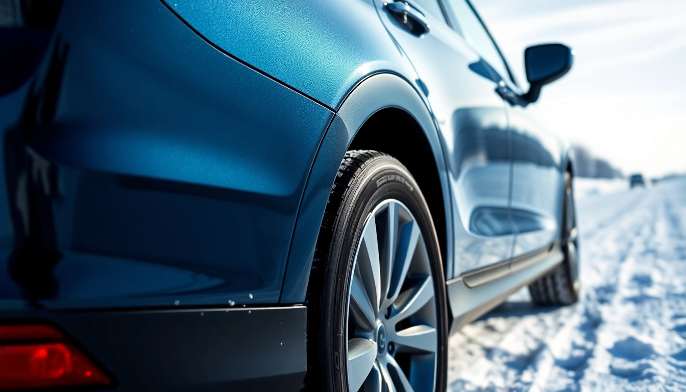 Show a vehicle with PPF winter road salt protection in snowy terrain, highlighting its gleaming surface.