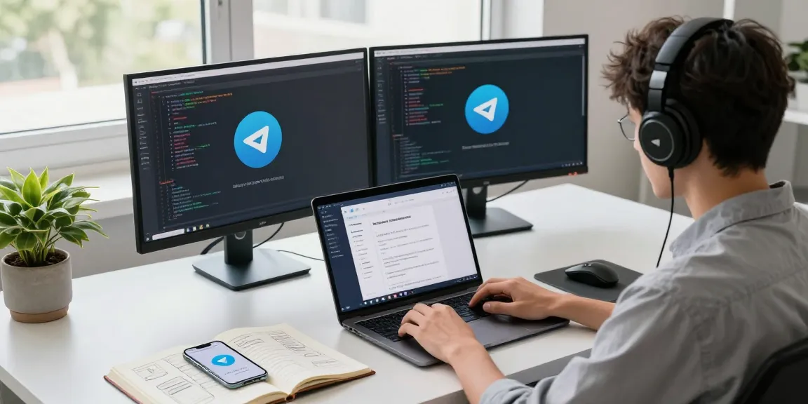 Professional workspace with Telegram中文 interface on laptop, showcasing modern tech setup and productivity tools.
