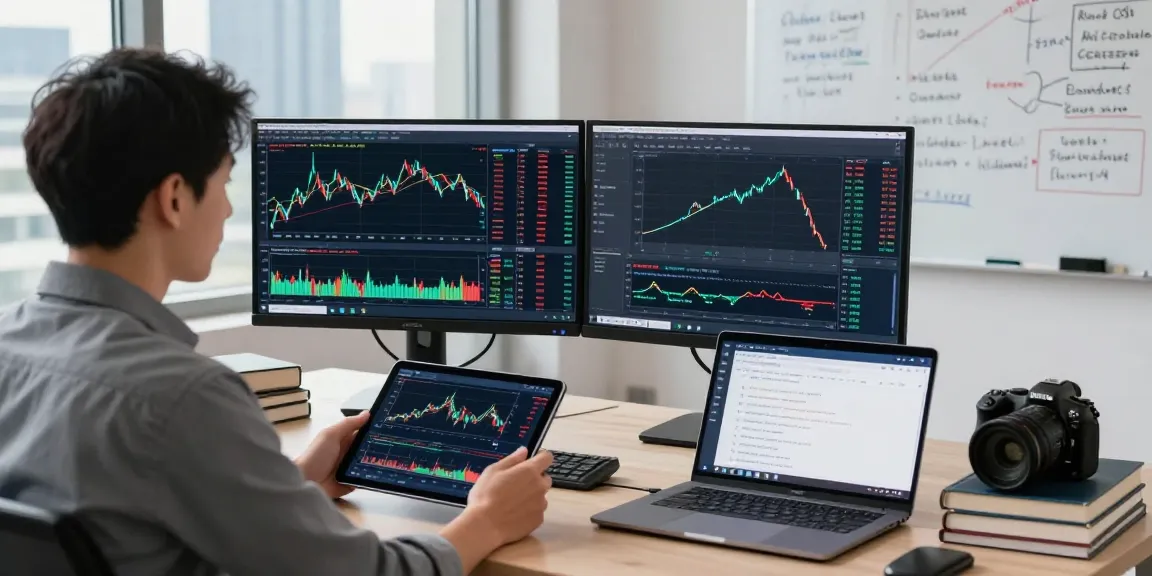 Trader analyzing markets using MetaTrader 5 on dual monitors in a professional workspace