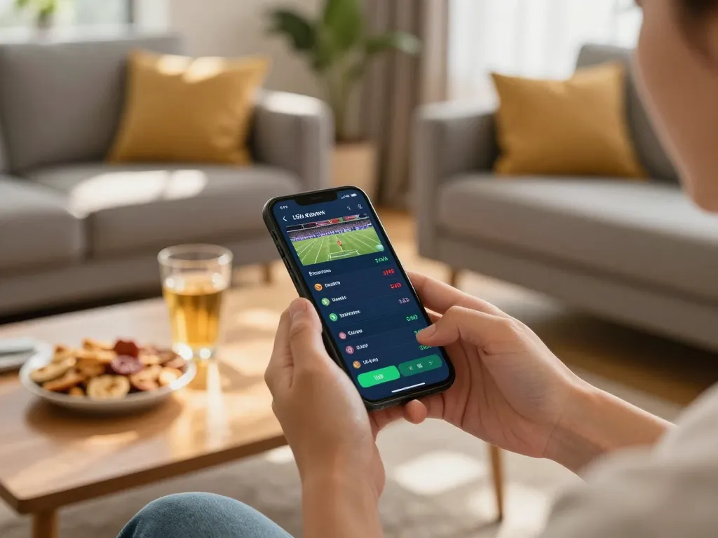 Engaging in mobile sports betting on a smartphone shows 388bet live odds in a cozy home atmosphere.
