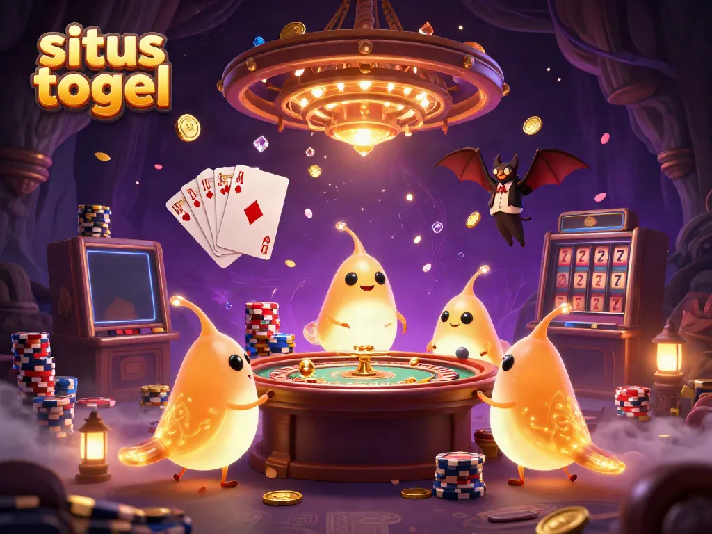 This vibrant 3D illustration captures a lively cave casino scene with glowworms and a bat dealer, showcasing the excitement of situs togel.
