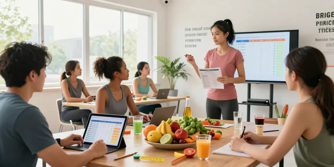 Engaged participants using the best macro tracking app in a bright fitness studio during a collaborative workshop on health.