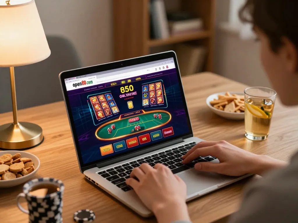 Engaging in online gaming at home using open88 com, showcasing casino interface with poker.