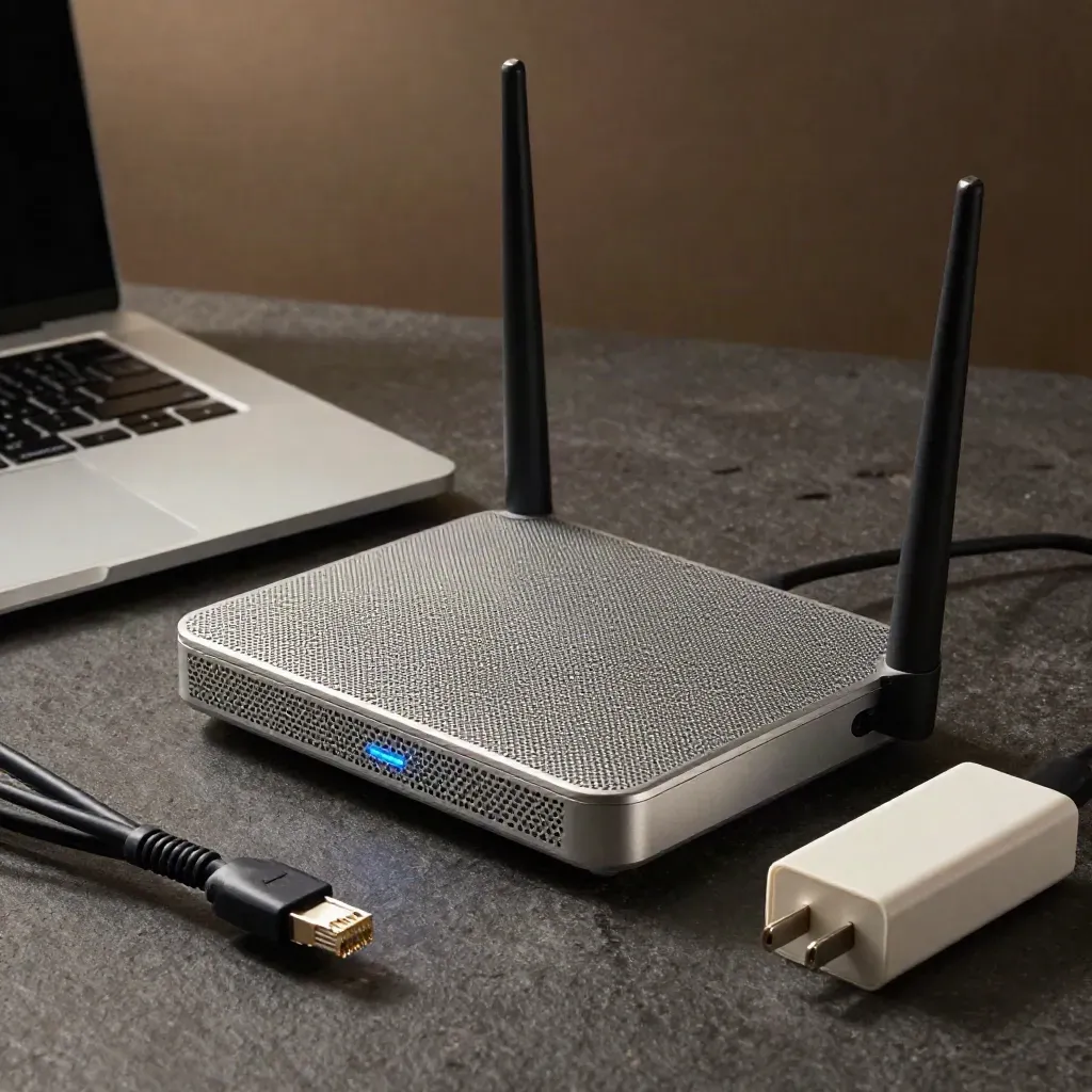 Closed ultrabook, mesh router, ethernet lead and charger on dark stone in dramatic blue-lit haze.