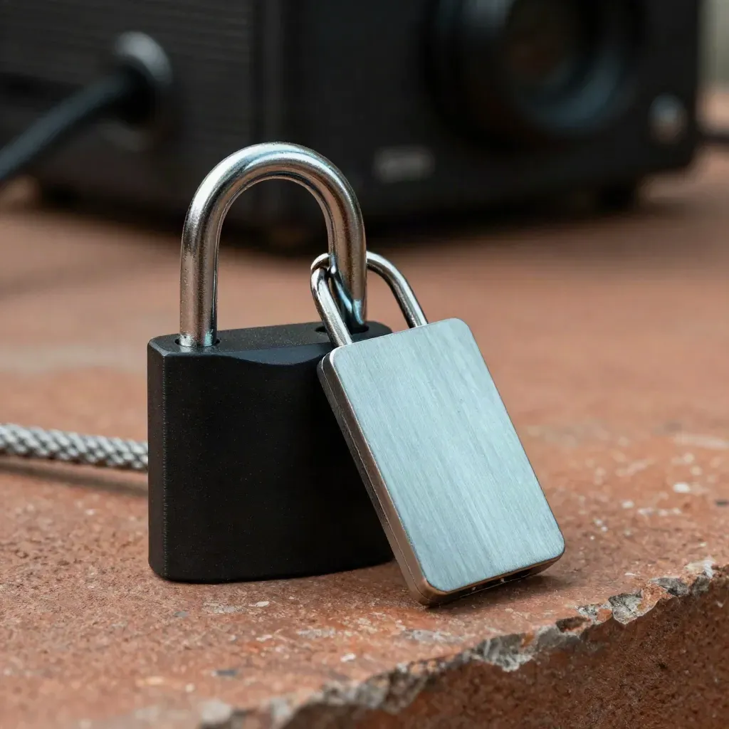 Hardware token, cable lock, and blank metal fob in a dark textured closeup with cool cyan light.