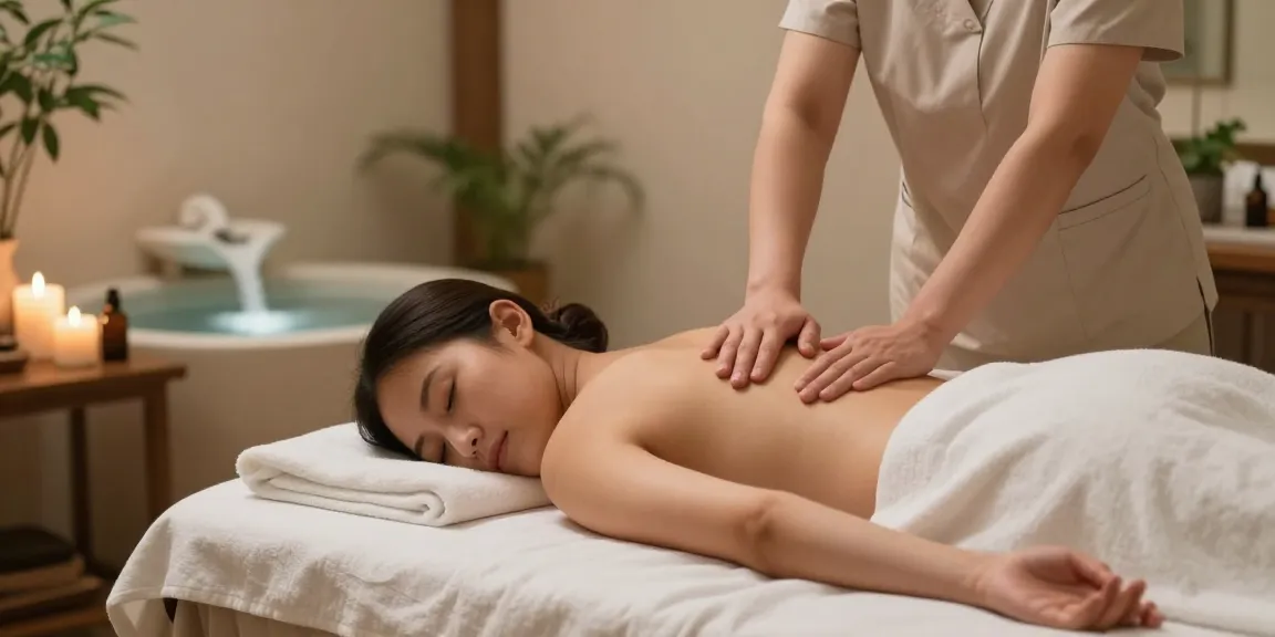 Massage therapist performing a Swedish massage, creating a calming atmosphere with candles and soothing decor.