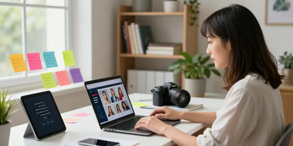 Creative workspace with a young woman using Insanony to enhance social media engagement